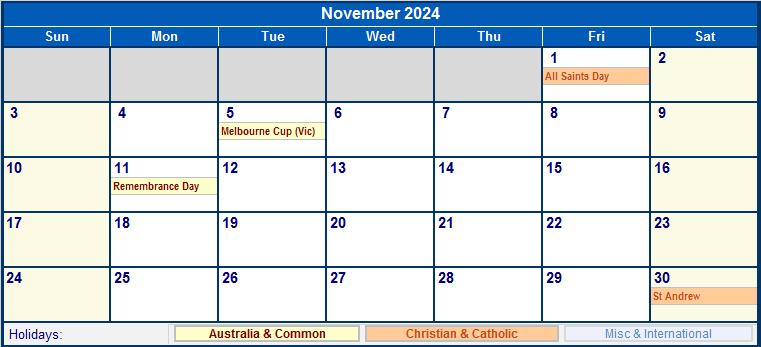 November 2024 Australia Calendar with Holidays for printing (image format)