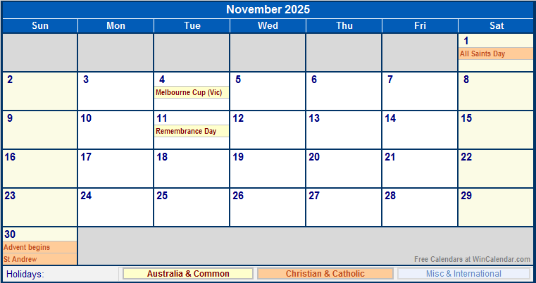 November 2025 Australia Calendar with Holidays for printing (image format)