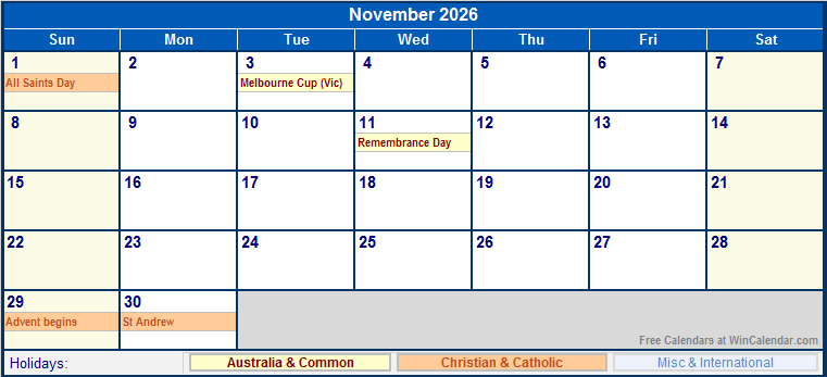 November 2026 Printable Calendar with Australia, Christian, & International Holidays