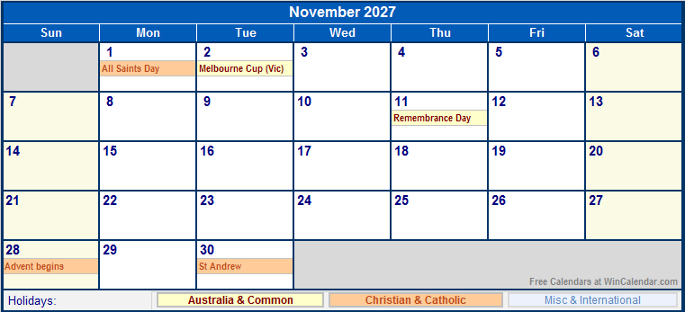 November 2027 Printable Calendar with Australia, Christian, & International Holidays