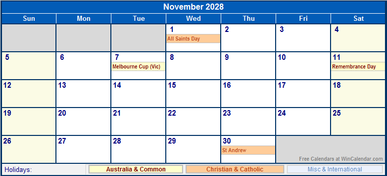 November 2028 Printable Calendar with Australia, Christian, & International Holidays
