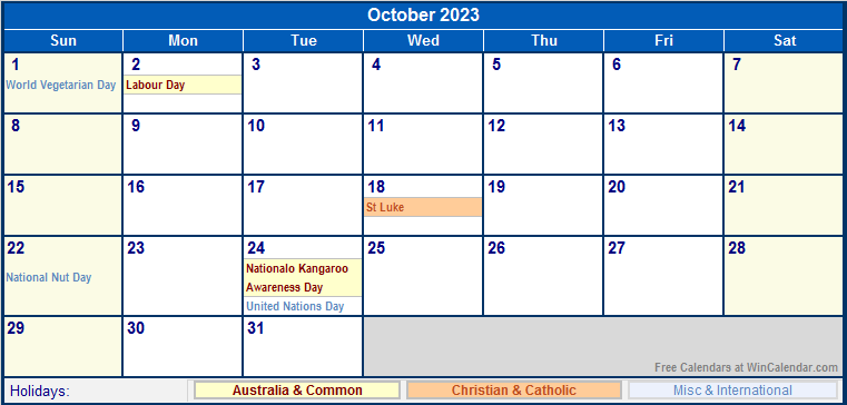 October 2023 Australia Calendar With Holidays For Printing image Format 