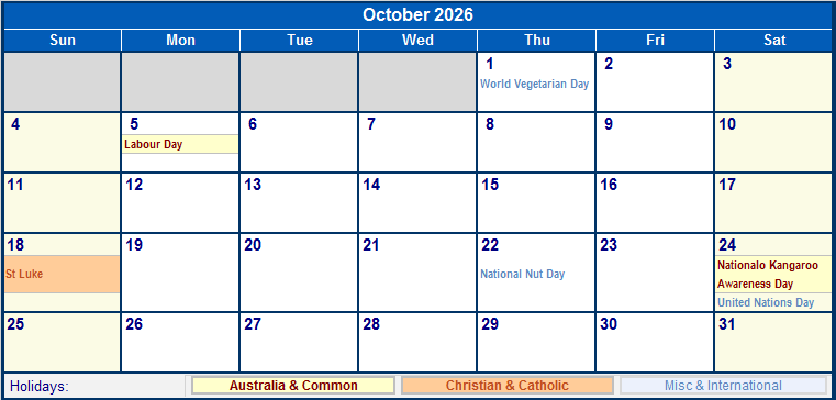 October 2026 Printable Calendar with Australia, Christian, & International Holidays