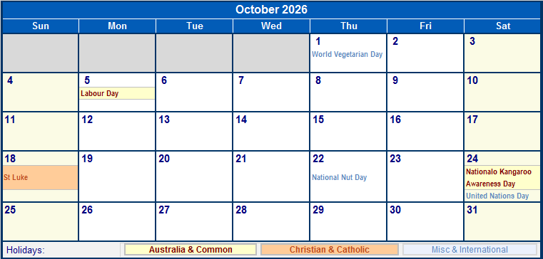 October 2026 Australia Calendar With Holidays For Printing image Format October 2026 Australia Calendar With Holidays For Printing image Format