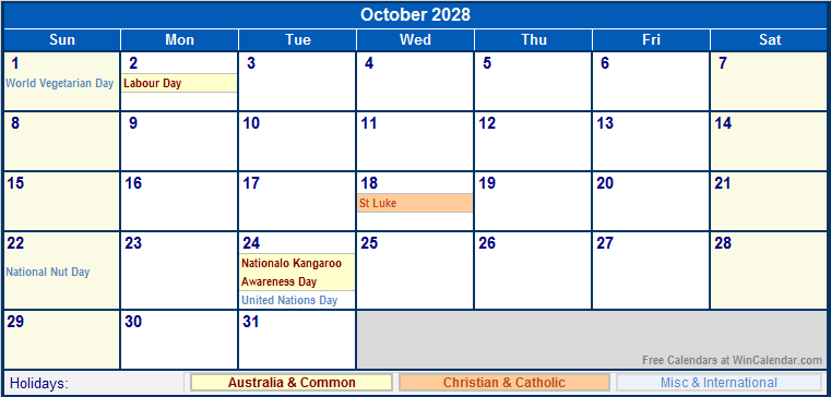 October 2028 Printable Calendar with Australia, Christian, & International Holidays