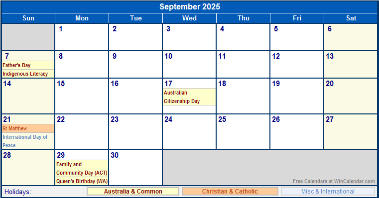 September 2025 Australia Calendar with Holidays for printing (image format)
