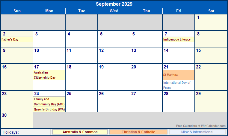 September 2029 Australia Calendar with Holidays for printing (image format)