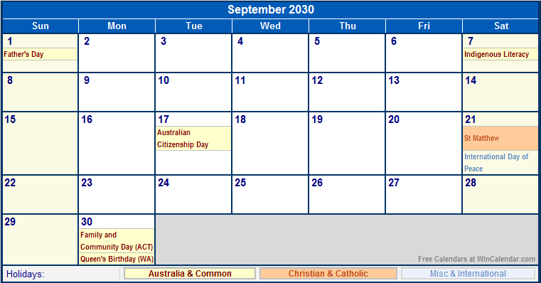 September 2030 Printable Calendar with Australia, Christian, & International Holidays