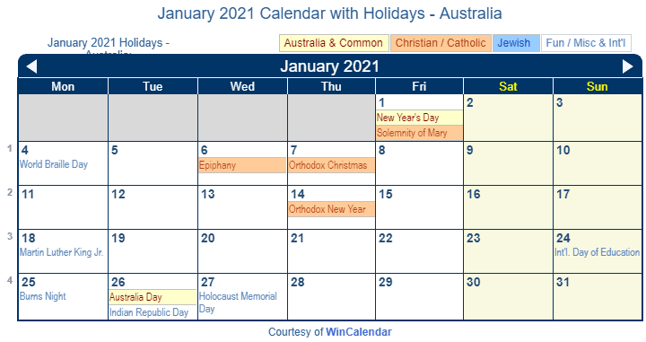 Print Friendly January 2021 Australia Calendar For Printing