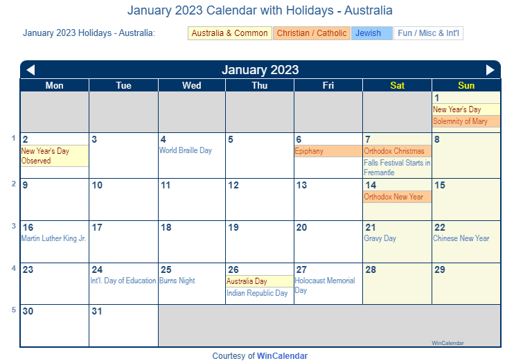 January 2023 Calendar with Australian Holidays to Print
