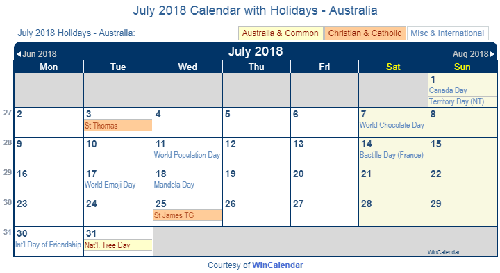 Print Friendly July 2018 Australia Calendar For Printing