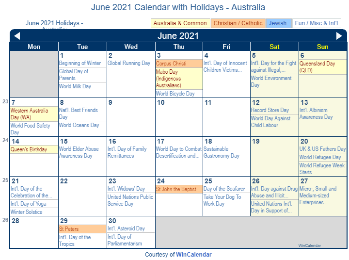June 2021 Calendar With Holidays Australia Calendar June 2021