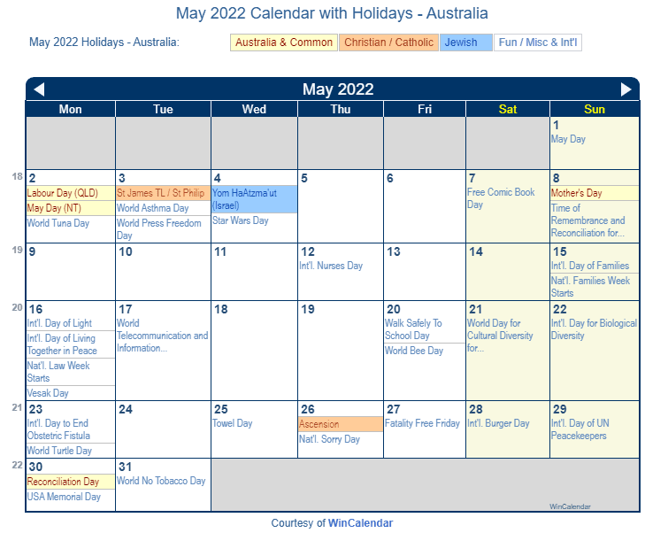 May 2022 Calendar with Australian Holidays to Print