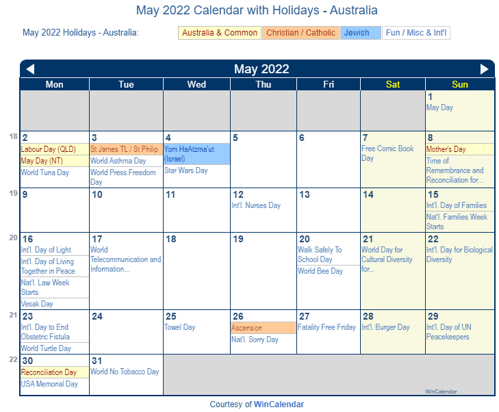 May 2022 Calendar Australia