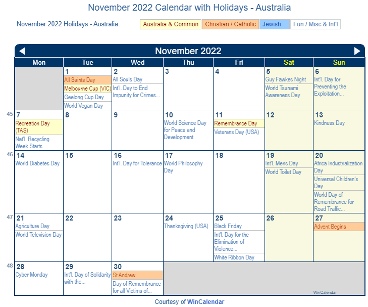 November 2022 Calendar with Australian Holidays to Print