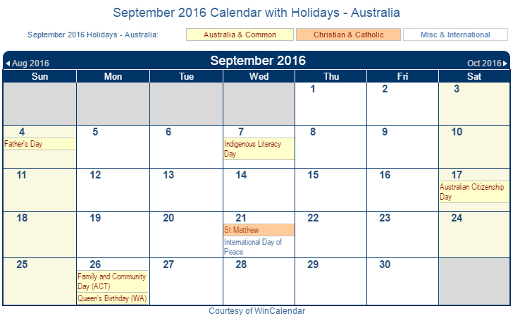 September Calendar Australia