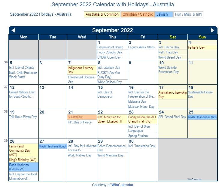 September 2022 Calendar with Australian Holidays to Print