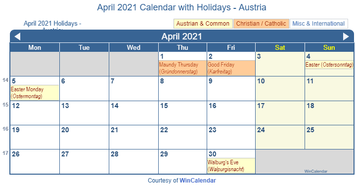 Print Friendly April 2021 Austria Calendar For Printing