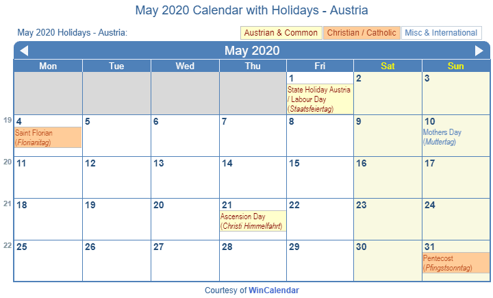 Print Friendly May 2020 Austria Calendar For Printing