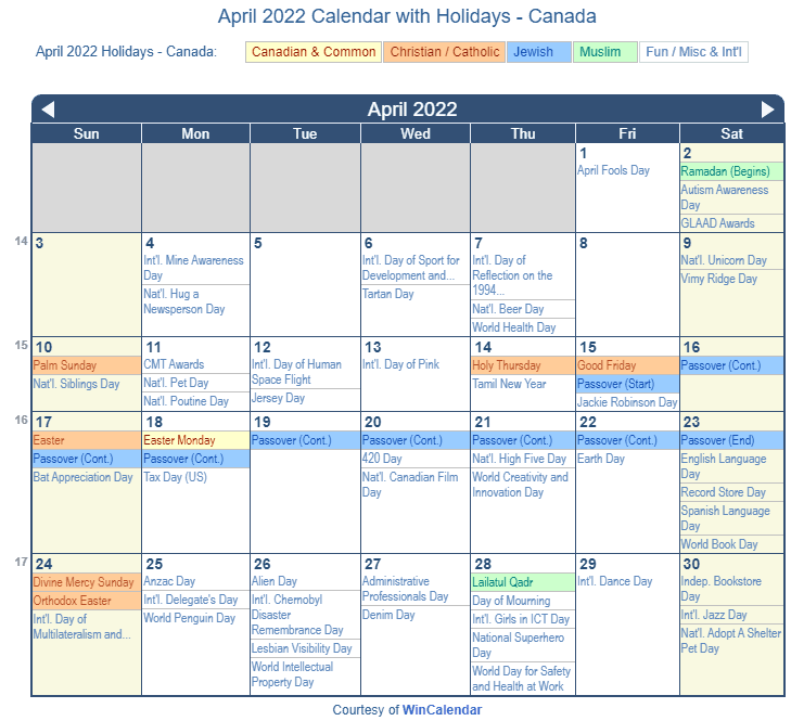 Print Friendly April 2022 Canada Calendar for printing