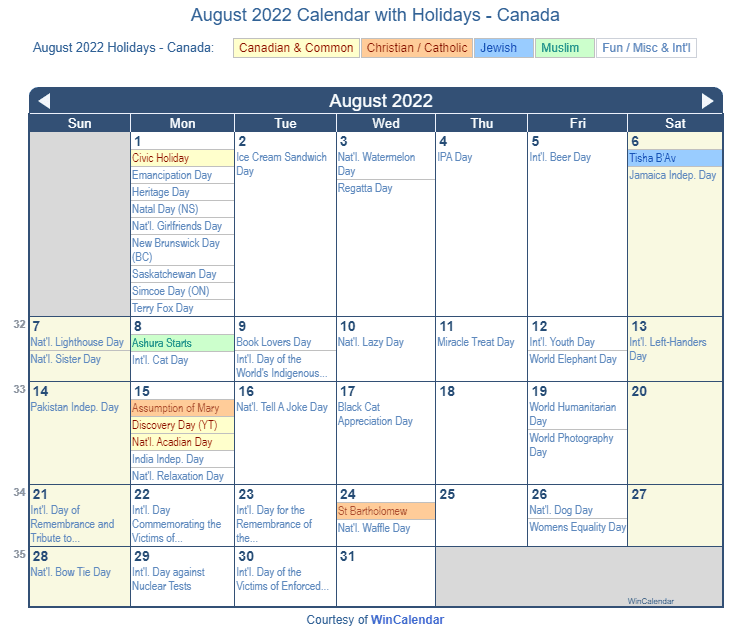 August 2022 Calendar with Canada Holidays to Print
