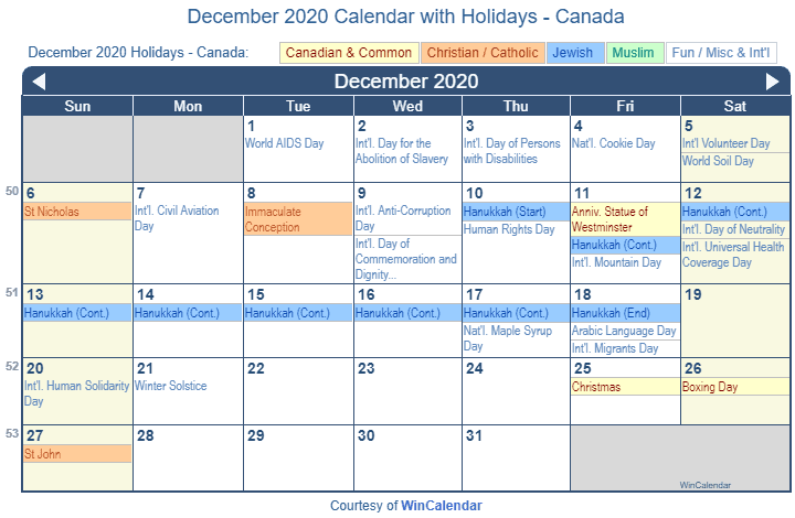 Print Friendly December 2020 Canada Calendar For Printing