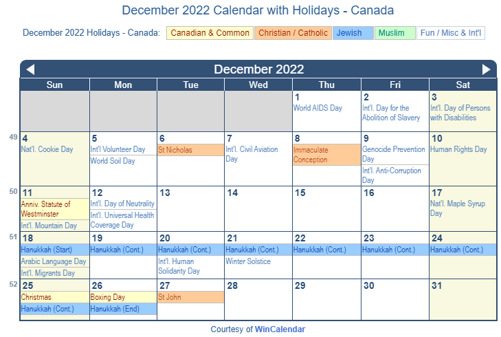 December 2022 Calendar with Canada Holidays to Print