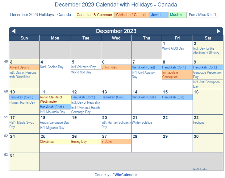December 2023 Calendar with Canada Holidays to Print