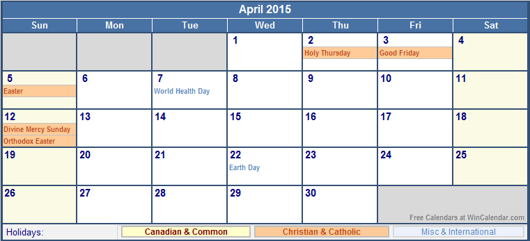 April 2015 Canada Calendar With Holidays For Printing Image Format