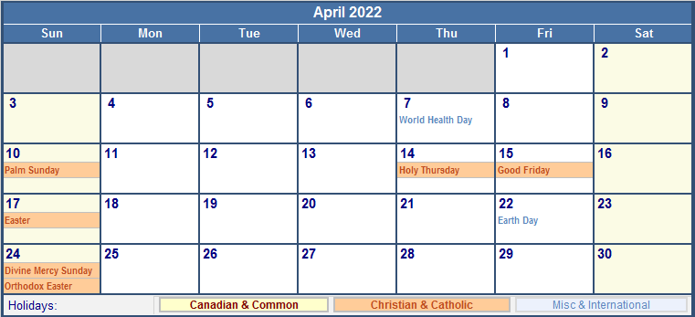 April 2022 Canada Calendar with Holidays for printing ...