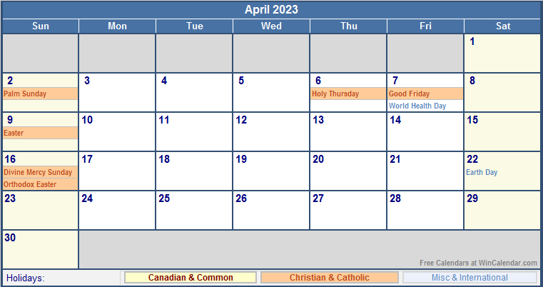 April 2023 Printable Calendar with Canada, Christian & International Holidays