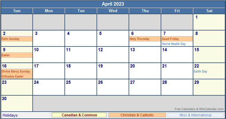 April 2023 Canada Calendar With Holidays For Printing image Format 