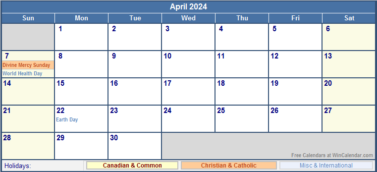 April 2024 Printable Calendar with Canada, Christian & International Holidays