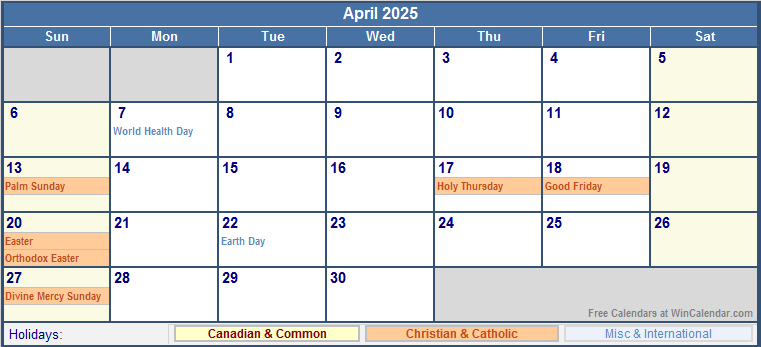 April 2025 Canada Calendar with Holidays for printing (image format)