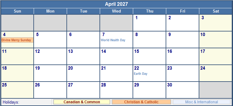 April 2027 Canada Calendar with Holidays for printing (image format)