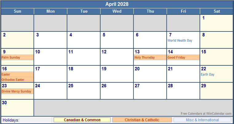 April 2028 Canada Calendar with Holidays for printing (image format)