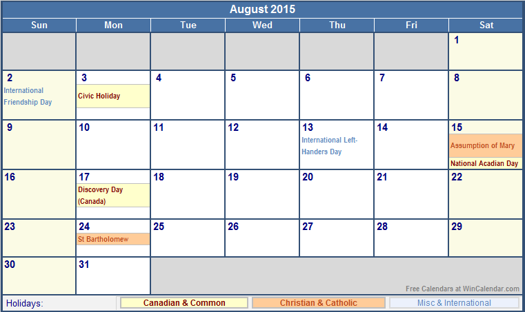 August 15 Canada Calendar With Holidays For Printing Image Format