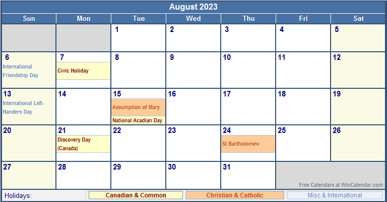 August 2023 Printable Calendar with Canada, Christian & International Holidays