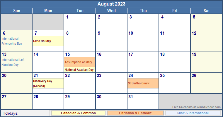 August 2023 Canada Calendar With Holidays For Printing image Format 