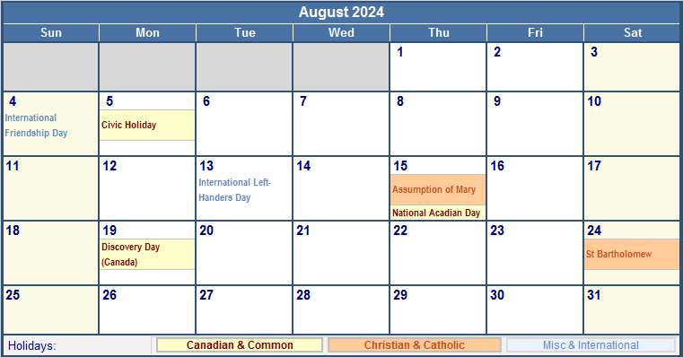 August 2024 Canada Calendar with Holidays for printing (image format)