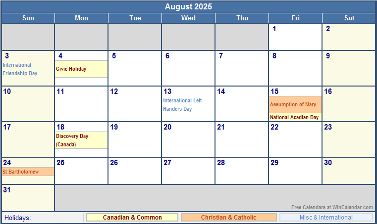 August 2025 Canada Calendar with Holidays for printing (image format)