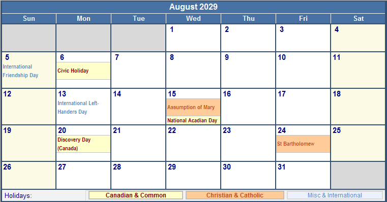 August 2029 Canada Calendar with Holidays for printing (image format)