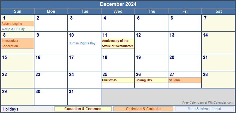 December 2024 Canada Calendar with Holidays for printing (image format)
