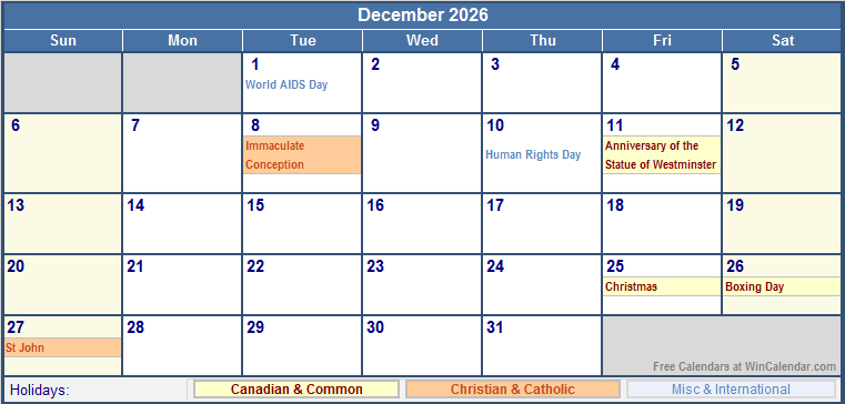 December 2026 Printable Calendar with Canada, Christian & International Holidays