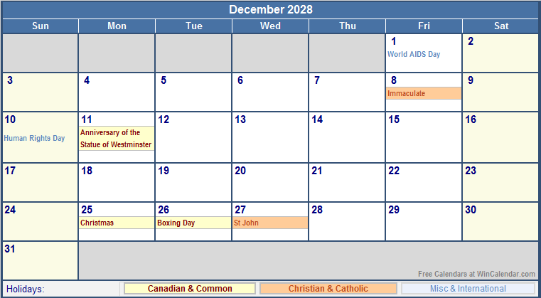 December 2028 Printable Calendar with Canada, Christian & International Holidays