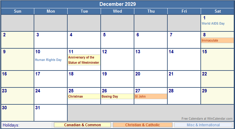 December 2029 Printable Calendar with Canada, Christian & International Holidays
