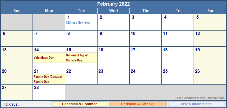 February 2022 Canada Calendar with Holidays for printing (image format)