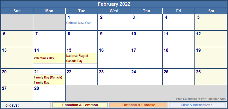 february 2022 canada calendar with holidays for printing