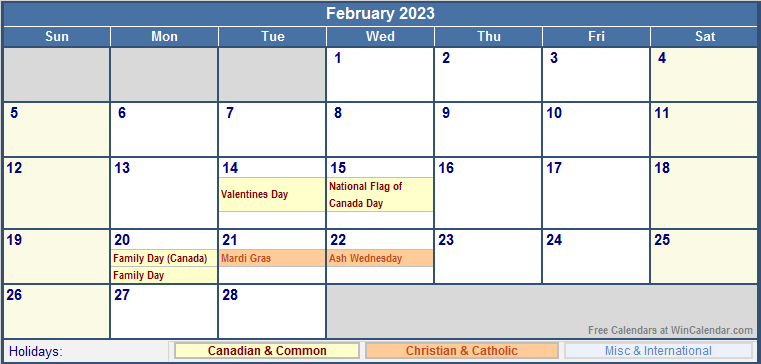 February 2023 Printable Calendar with Canada, Christian & International Holidays