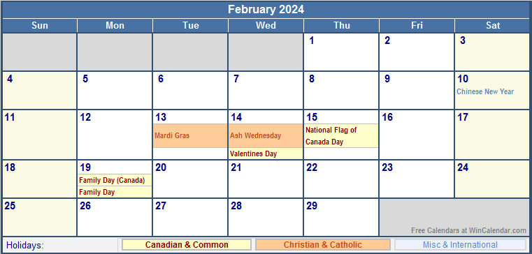 February 2024 Printable Calendar with Canada, Christian & International Holidays